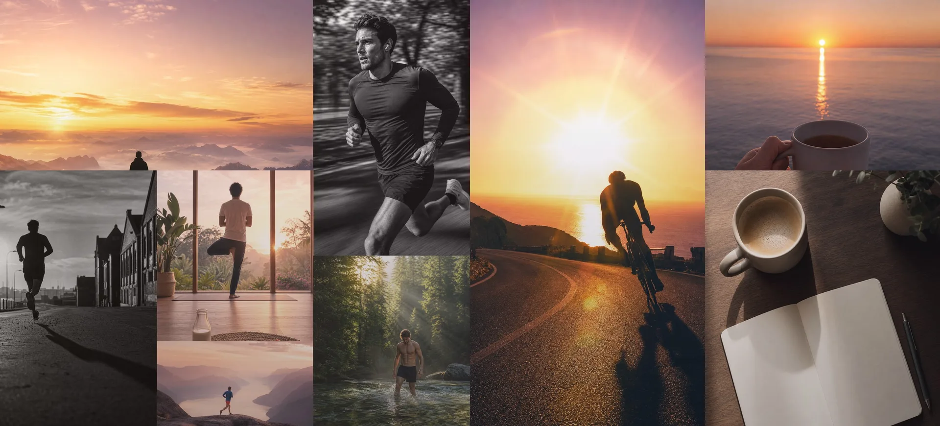 Collage de movimiento y calma: corredor, ciclista, café y bosque, con la luz de la marca PEI®