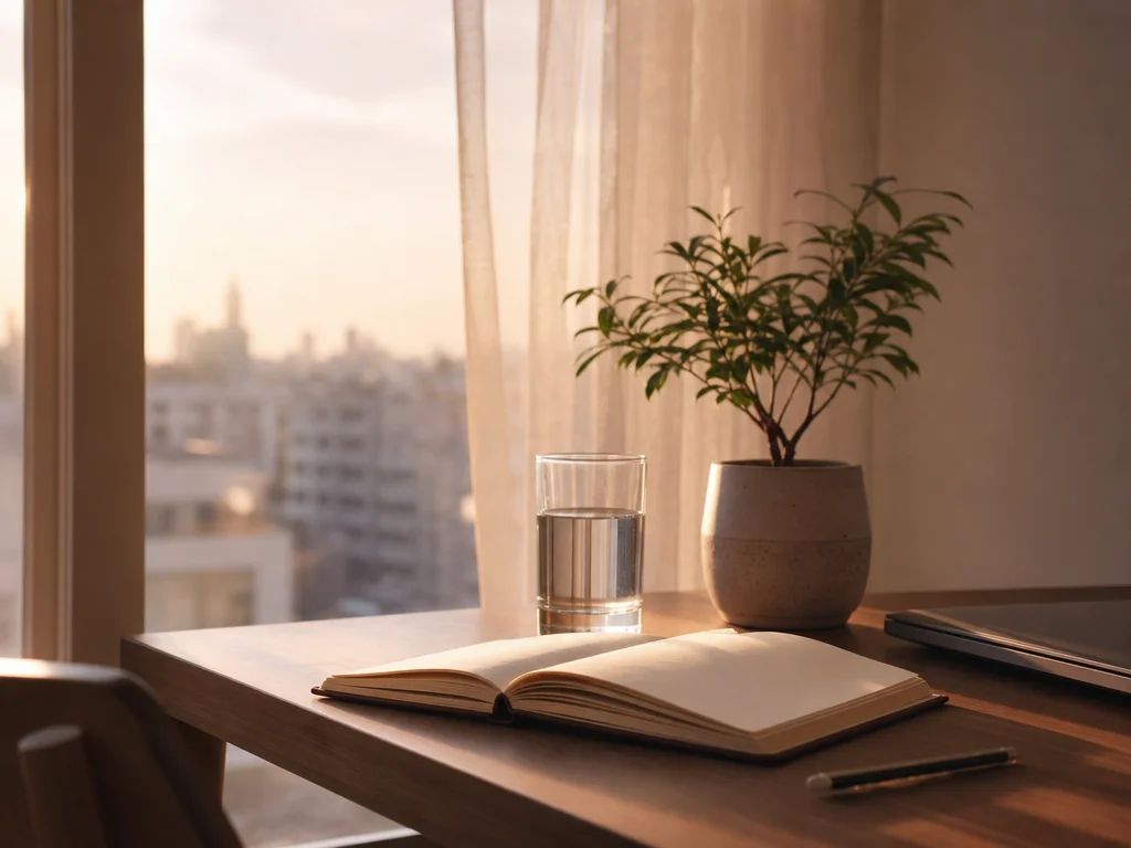 Escritorio minimalista junto a una ventana con un cuaderno, un vaso de agua y una planta