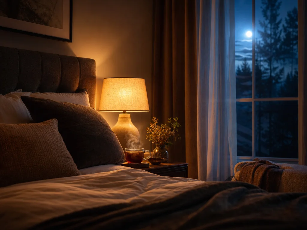 Dormitorio en calma por la noche con luz de luna y una infusión en la mesilla
