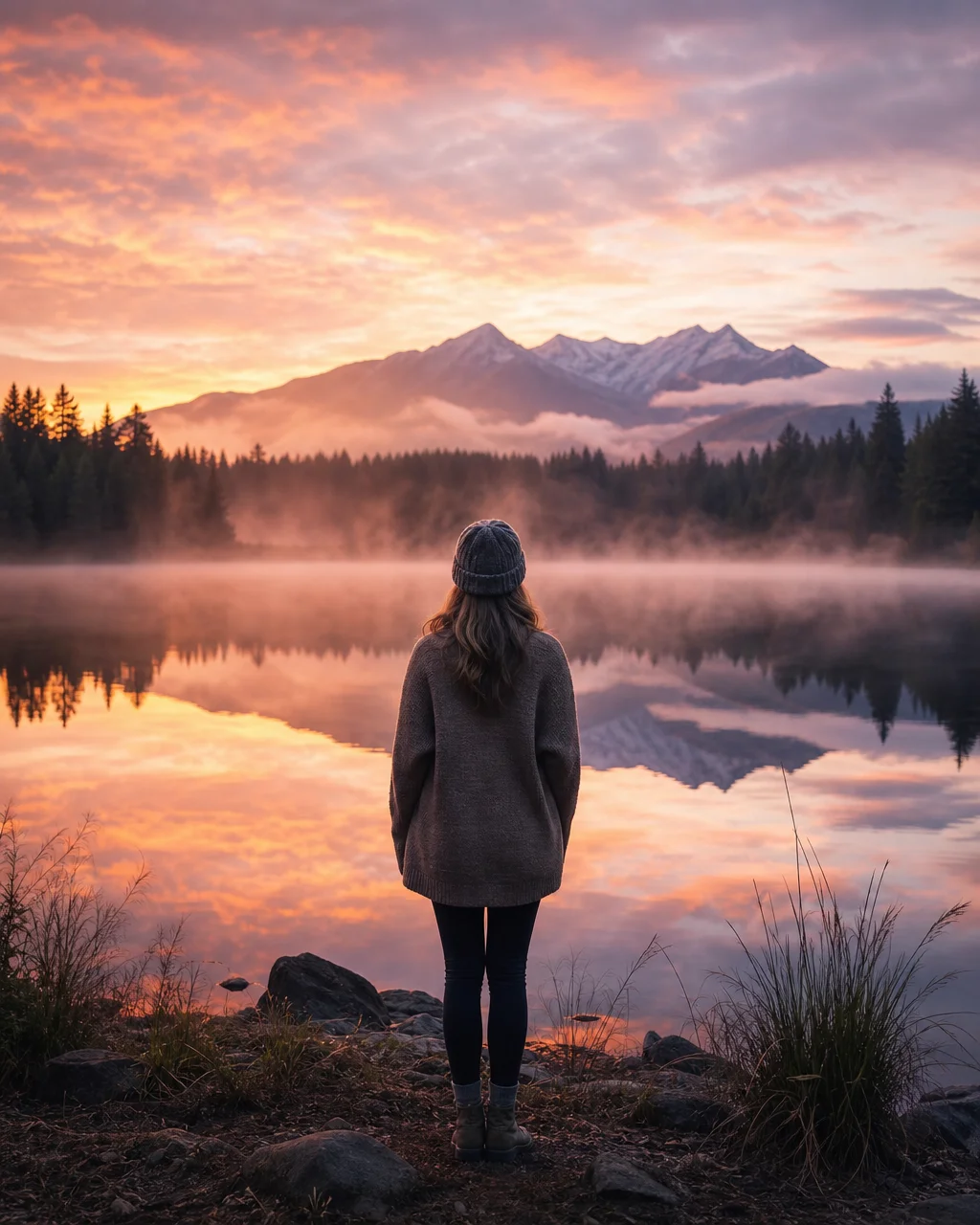 Persona de espaldas frente a un lago en calma al amanecer, rodeada de bosque y niebla