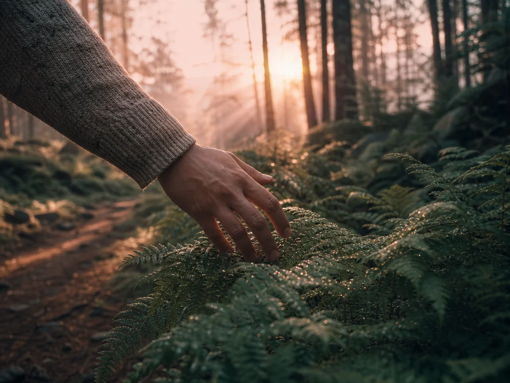 Una mano rozando helechos en un sendero de bosque con luz suave
